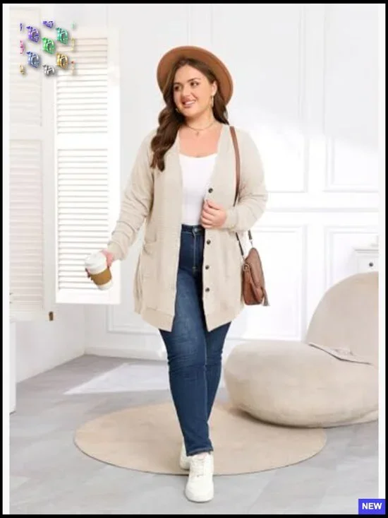 Oversized Waffle Knit Cardigan Long Sleeve Button Front Pockets Casual Chic - Picture 6 of 7